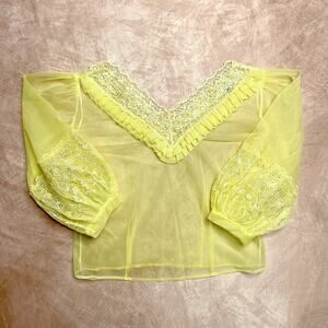 Vintage 70s Mark Lee Original Sheer Lace Blouse Ruffled Yellow Floral V Neck